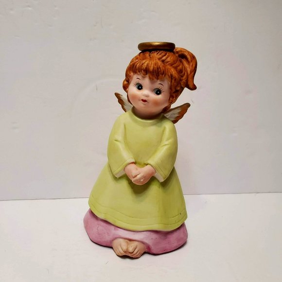 Lefton Angel Figurine, Vintage Bisque Porcelain, Green Pink with Halo, Toes - Picture 1 of 7